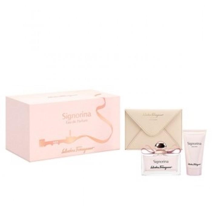 SALVATORE FERRAGAMO - Signorina para mujer / SET - 100 ml Eau De Parfum Spray + 50 ml body Lotion + Cartera