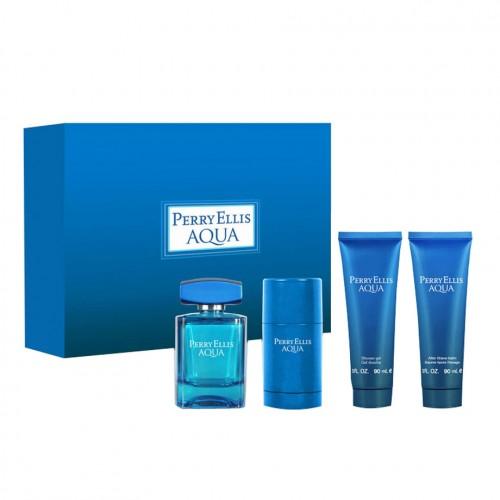 PERRY ELLIS - Perry Ellis Aqua para hombre / SET - 100 ml Eau De Toilette Spray + 90 ml After Shave + 90 ml Shower Gel + 78 gr Deodorant Stick